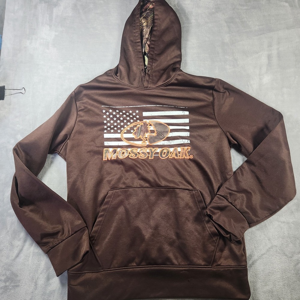 Mossy Oak Sweatshirt Hoodie Men's Size Medium American Flag Camo Hunting Brown - Picture 1 of 7